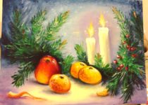 Натюрморт маслом, картина со свечами, новогодний, с Рождеством. Студия рисования "Краски" Тула